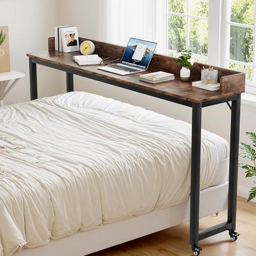 Clevich Overbed Table with Wheels, 16" D x 71" W x 41" H Mobile Bed Desk | Queen Full Size Mobile Computer Desk with eavy Duty Metal Leg, Standing Laptop Cart, for Bedroom, Living Room - color: Brown