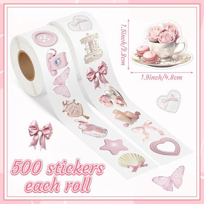 CNhoqc Pink Coquette Aesthetic Stickers - 1000 Pcs Realistic Coquette Aesthetic Sticker Roll Waterproof Vinyl Self Adhesive Laptop Sticker Scrapbook Water Bottle Page Activity Pad Birthday Party Favor - style: Pink Coquette Aesthetic