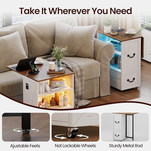 Lareth Rolling Side Table with Wheels, Led Lights & Charging Station | Foldable Desktop Narrow End Table, 1 Drawer, 2 Bookshleves, 27.56"H Tall Nightstan, Small Space, Living Room, Antique White - color: B Antique White