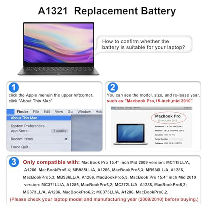 TREE.NB A1321 A1286 (Only for Mid 2009 Mid 2010 Version) Laptop Battery for MacBook Pro 15 Inch Battery A1321 A1286 MC371LL/A MC372LL/A MB985 MB986 MC118 020-6380-A 020-6766-B - size: 8.33x3.42x0.55inch A1321