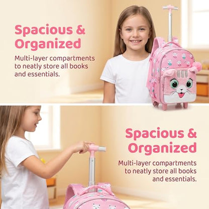 Kids Fluffy Cat Rolling Backpack for Girls, Pink School Bags | Trolley Suitcases Luggage Travel with Wheels Bookbag Wheeled 3PCS Roller Backpacks Set Toddler Back Pack Elementary - color: Pink-0121-maorong-mao