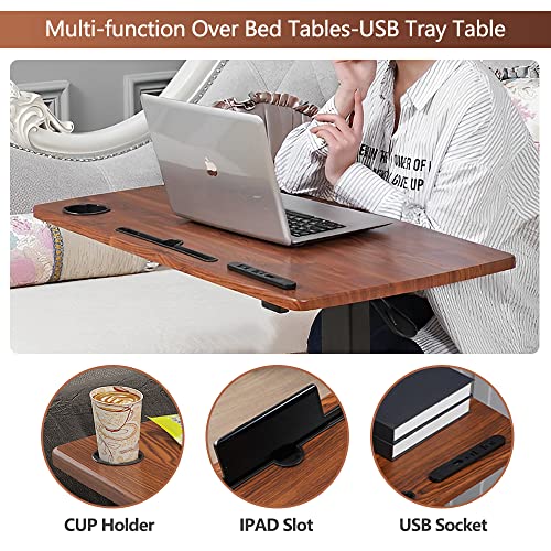 BeGyoku Overbed Table,Hospital Bed Table,Pneumatic Bedside Table Adjustable Over the Bed with Hidden Wheels&USB,Mobile Laptop Cart&Rolling Tray Table Hospital Home Use-Walnut - color: Walnut-32" L X 16" W