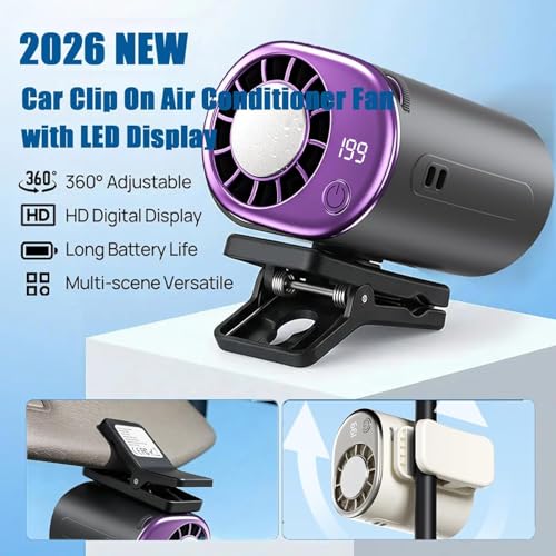 2026 Car Clip on Fan with LED Display, USB Rechargeable Battery Powered Gadget, Portable 360° Rotation Adjustable 199 Speeds Truck Tent (Purple) - color: Purple