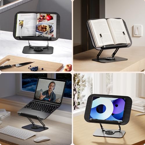 Book Stand for Reading, Adjustable Book Holder with 360° Rotating Bases, Multifunctional Display Stand for Recipe, Cookbooks, Magazines - color: Black Wood