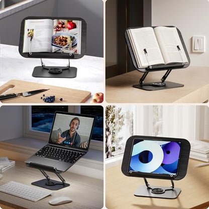 Book Stand for Reading, Adjustable Book Holder with 360° Rotating Bases, Multifunctional Display Stand for Recipe, Cookbooks, Magazines - color: Black Wood