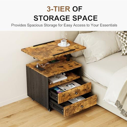 Bedroom Nightstand with Drawers & Charging Station, Adjustable Height Bedside Table with Wheels, Wooden Small Sofa Side Tables with Storage for Living Room, Rustic Brown - color: [A3] Rustic Brown