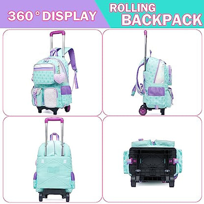 Meetbelify Backpack with Wheels for Girls Rolling Backpack Cute Carry on Backpack for Elementary Student - color: Green