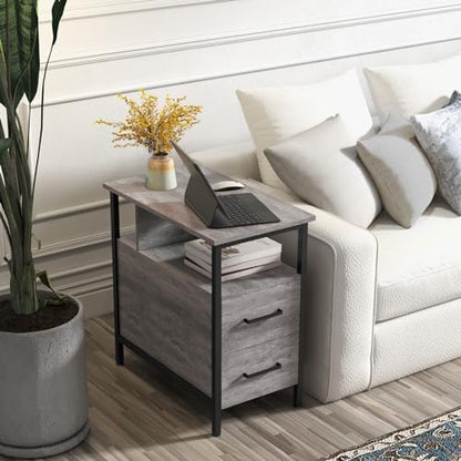 Side Table, Gray End Tables with Charging Station, Narrow End Table with Wooden Drawers, USB Ports and Power Outlets, Nightstand and Bedside Table, Side Table Living Room, Bedroom - color: Light Gray