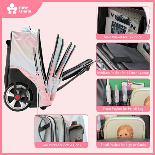 NEW TILAMI 20 Inch Rolling Backpack for School Stair-Climbing Big Wheel | Teen Boys Girls Carry-on Suitcase Large Organizer Compartment 15.6 Laptop Sleeve Adjustable Handle Roller Travel Bag College - color: Pink Dawn