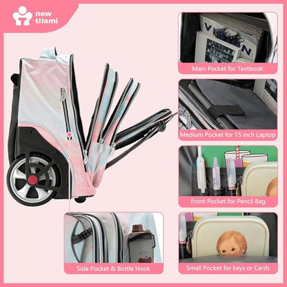 NEW TILAMI 20 Inch Rolling Backpack for School Stair-Climbing Big Wheel | Teen Boys Girls Carry-on Suitcase Large Organizer Compartment 15.6 Laptop Sleeve Adjustable Handle Roller Travel Bag College - color: Pink Dawn
