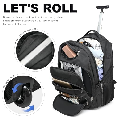 Boavan Wheeled Backpack,18.4 inch Water Resistant Rolling Backpack,Carry on Luggage Business Bag, Overnight College Computer Backpacks Trolley Suitcase for Men Women Adults to Travel，Black - color: Black, size: 18.4 inches