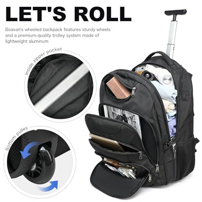 Boavan Wheeled Backpack,18.4 inch Water Resistant Rolling Backpack,Carry on Luggage Business Bag, Overnight College Computer Backpacks Trolley Suitcase for Men Women Adults to Travel，Black - color: Black, size: 18.4 inches