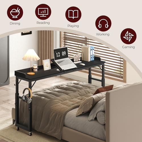 MAHANCRIS Overbed Table with Wheels, Queen Size Adjustable Rolling Desk | Height & Angle Adjustable Rolling Overbed Table with Bookshelf, Cup Holder, 4 Hooks, Lockable Wheels, Fits Bed/Sofa/Recliner - color: Black