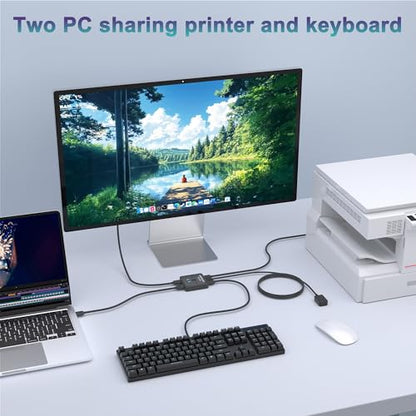 USB Switch 2 in 2 Out, USB Switcher 2 Computers Sharing Keyboard and Mouse Printer Scanner Webcam, Printer Splitter for 2 Computers, 2 Port USB Selector with 2 USB Cables and External Controller