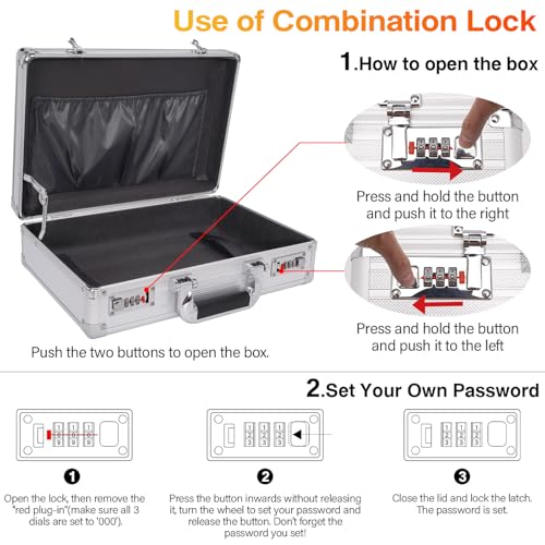 Locking Briefcase 15" File Organizer Storage Box, Portable with Dual Combination Locks, Durable Aluminum Alloy Frame for Cash/Documents, Ideal for Home/Office/Travel/Business
