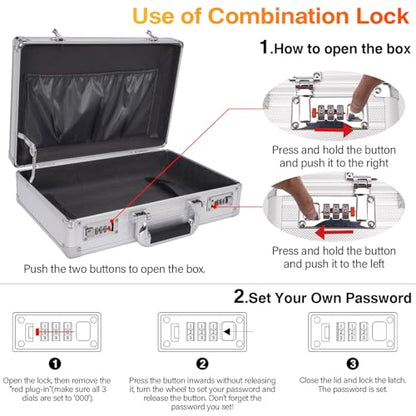 Locking Briefcase 15" File Organizer Storage Box, Portable with Dual Combination Locks, Durable Aluminum Alloy Frame for Cash/Documents, Ideal for Home/Office/Travel/Business