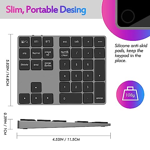 Foloda Bluetooth Number Pad for Laptop, Wireless 10 Keys USB Number Keypad, Rechargeable Numeric Keypad Numpad Extensions Data Entry Keyboard for PC iMac MacBook Notebook - color: Grey