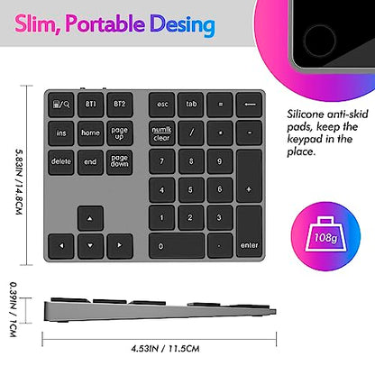 Foloda Bluetooth Number Pad for Laptop, Wireless 10 Keys USB Number Keypad, Rechargeable Numeric Keypad Numpad Extensions Data Entry Keyboard for PC iMac MacBook Notebook - color: Grey