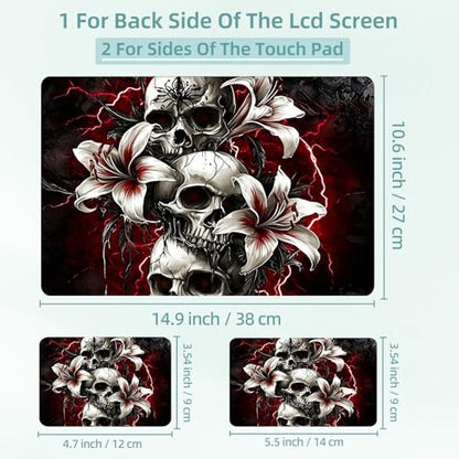 Universal Laptop Skin Decal, 3-Piece Vinyl Protector for 12 13 14 15.6" Notebook, Waterproof Anti-Scratch, Easy Trim & Bubble-Free Finish, Skulls with White Lilies Red Lightning - color: Skulls with White Lilies Red Lightning