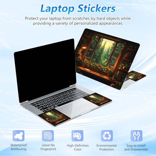 Universal Laptop Skin Sticker Decal with 2 Wrist Pad Skins, Waterproof Scratch Vinyl Cover for 11–15.6 Inch MacBook, HP, Dell, Lenovo, Cutable & Reusable,Cozy Forest Window - color: Cozy Forest Window