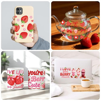 Strawberry Cakes UV DTF Cup Wraps, 10 Sheets Transfer Sticker | Waterproof UV DTF Stickers, Custom Vinyl Decals for 16oz Coffee Cups Tumblers Bottles Mugs, DIY Gifts & Crafts - style: Strawberries with Cakes and Bows
