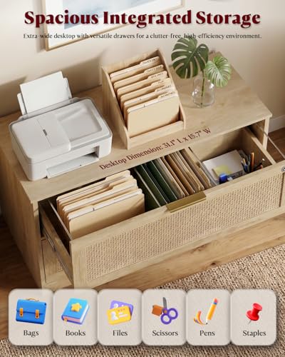 HOPUBUY 2 Drawer File Cabinet with Lock, Printer Stand Lateral | Home Office and School, Wood Rattan Filing Cabinet for Hanging Files/Letter/Legal/A4/F4 Size, Natural, 2Drawer,Set1 - color: Natural, size: Set1