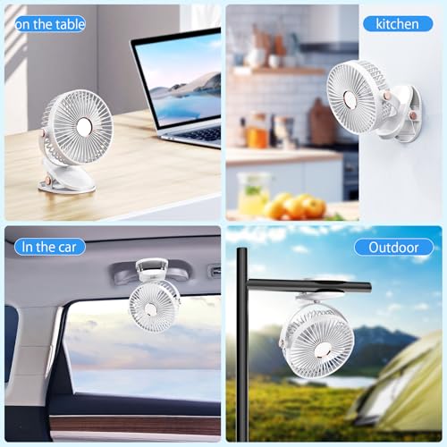 iNeibo 4000mAh Portable Clip on Fan with LED Lights, Battery Operated USB Desk Fan,4 Speed Quiet Rechargeable Mini Table Fan, 360° Rotate Personal Cooling Fan for Home Office Stroller Camping (White) - color: White