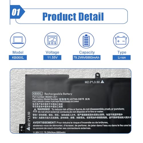 79.2Wh KB06XL Laptop Battery Replacement for HP Spectre X360 15-BL0XX 15-BL1XX 15-BL112DX Pavilion x360 14 Series HSTNN-DB7R KBO6XL TPN-Q179 902401-2C1 902499-856 11.55V 6860mAh - size: 12.85*4.30*0.22 inch KB06XL