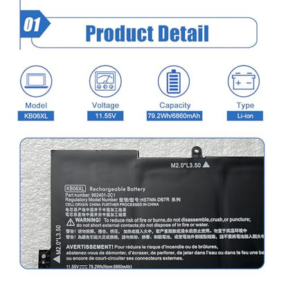 79.2Wh KB06XL Laptop Battery Replacement for HP Spectre X360 15-BL0XX 15-BL1XX 15-BL112DX Pavilion x360 14 Series HSTNN-DB7R KBO6XL TPN-Q179 902401-2C1 902499-856 11.55V 6860mAh - size: 12.85*4.30*0.22 inch KB06XL
