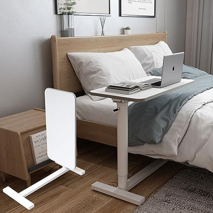 Height Adjustable Mobile Standing Desk - 90° Tiltable Storable Overbed Table, 30 inches Rolling Laptop Desk with Gas Spring Riser and Wheels for Offices, Home, Medical and School - color: White