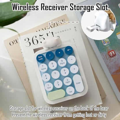 Lomiluskr Wireless Number Keypad with Cute Silicone Bear, 18 Colorful Round Keys Numpad, 2.4G USB Wireless Connection, Portable Financial Accounting Numeric Keyboard, Suitable for PC, Laptop (Blue) - color: Blue
