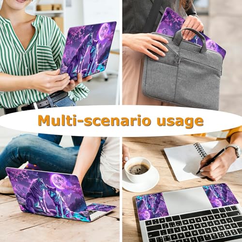 Universal Laptop Skin Sticker with 2 Wrist Pad Decals, 3-Piece Removable Vinyl Laptop Cover, Purple Moon Wolf Waterproof Anti-Scratch, Easy-Trim Fit for 13.3" 14" 15.6" Laptops - color: Purple Moon Wolf