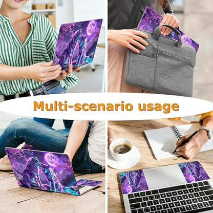 Universal Laptop Skin Sticker with 2 Wrist Pad Decals, 3-Piece Removable Vinyl Laptop Cover, Purple Moon Wolf Waterproof Anti-Scratch, Easy-Trim Fit for 13.3" 14" 15.6" Laptops - color: Purple Moon Wolf