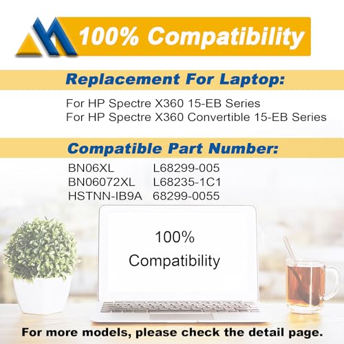 72.9Wh BN06XL L68299-005 Laptop Battery Replacement for HP Spectre X360 15 15-EB 15-EB0005UR X360 Convertible 15-EB0005NI Series Notebook BN06072XL L68235-1C1 HSTNN-IB9A 68299-0055 11.55V - size: 11.95*3.43*0.30 inch BN06XL