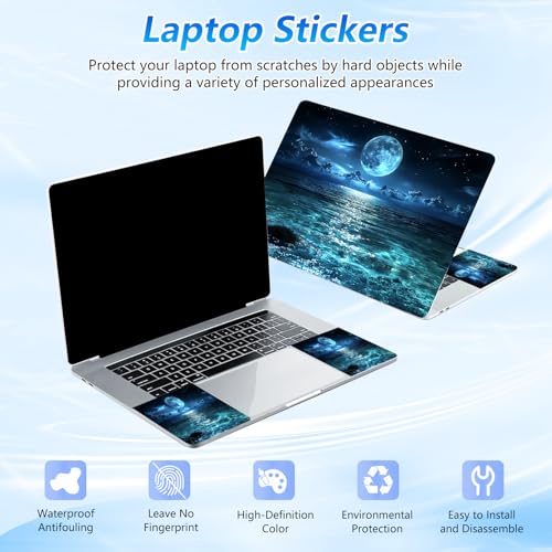 Universal Laptop Skin Sticker Decal with 2 Wrist Pad Skins, Waterproof Scratch Vinyl Cover for 11–15.6 Inch MacBook, HP, Dell, Lenovo, Cutable & Reusable,Full Moon Sea Landscape - color: Full Moon Sea Landscape