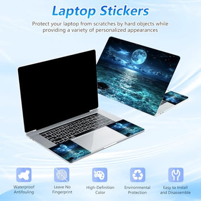 Universal Laptop Skin Sticker Decal with 2 Wrist Pad Skins, Waterproof Scratch Vinyl Cover for 11–15.6 Inch MacBook, HP, Dell, Lenovo, Cutable & Reusable,Full Moon Sea Landscape - color: Full Moon Sea Landscape