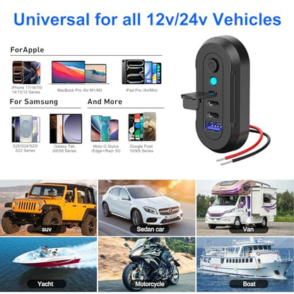 12V USB Outlet RV 3 Ports, Dual PD 30W and Quick Charge QC3.0 Car Socket Charger with Blue Indicator Light and Switch, Car USB Panel Wall Surface Mount Charging Accessories for Marine Bus Boat ATV