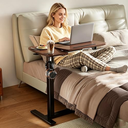 Overbed Table with Wheels, Pneumatic Height and Tilting Desktop | Top Tilts 0-60° with Anti-Slip Stops, Hook, Capacity 66 lbs, 1.18 in Low-Profile Base Slides Easily Under Beds and Sofa - color: Brown
