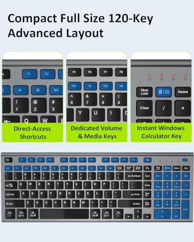 FENIFOX Wireless Silent Keyboard, Ultra Quiet USB C Low Profile Compact Full Size with Number Pad Flat Slim Thin Soft Touch for Mac Computer MacBook iMac PC Laptop Desktop Office (Black and Grey) - color: Black and Grey