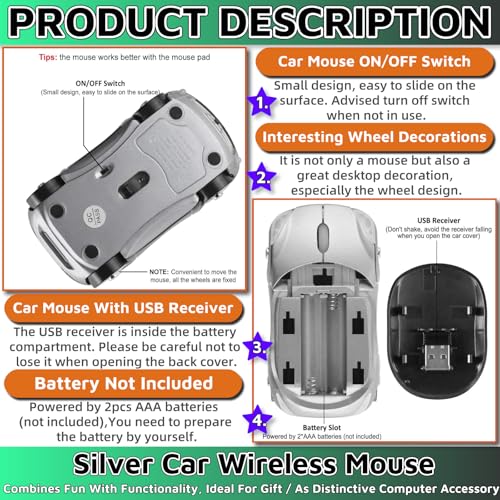 HuGuWdy Silver Car Mouse，2.4G with USB Reciver 1600DPI Computer Mice Wireless for Computer Wireless Computer Mouse for Laptop Tablet for Windows Mac OS（Silver） - color: Silver
