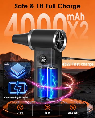 Compressed Air Duster, 180000 RPM Turbo Dust Blower, 45W Charge | SuperPower Mini Cordless Electric Air Duster, 8000mAh, 4 Adjustable Speeds, Keyboard/PC/Car Cleaner, Replace air can - color: Black