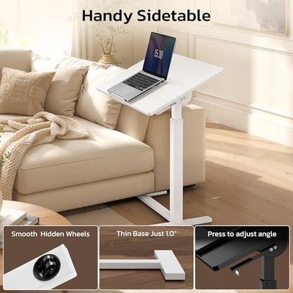 Mobile Standing Desk Adjustable Overbed Table, Pneumatic Height Adjustable Rolling Laptop Desk with Hidden Wheels, 0-180°Tilt Top Rolling Computer Cart Foldable for Home Office, Craft & Study, White
