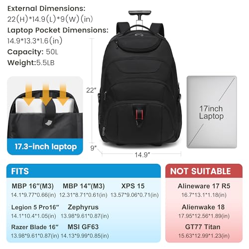 Boavan Wheeled Backpack,18.4 inch Water Resistant Rolling Backpack,Carry on Luggage Business Bag, Overnight College Computer Backpacks Trolley Suitcase for Men Women Adults to Travel，Black - color: Black, size: 18.4 inches