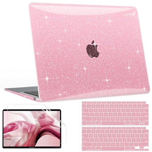 B BELK Compatible with MacBook Air 13 inch Case 2022 to 2018 Released A2337 M1 A2179 A1932 with Touch ID, Sparkly Plastic Hard Shell Cover + 2 Keyboard Covers + Screen Protector, Glitter Pink | M1 Chip with Touch ID, Sparkly Plastic Hard Shell Cover + 2 K