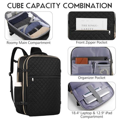 Large Travel Backpack Women, Flight Approved Carry On Backpack with 3 Packing Cubes, Water Resistant Anti-Theft Large Book Bag Fit 18.4 Inch Laptop with USB Charging Port, Black - color: Black-3 Sets, size: 18.4 inch