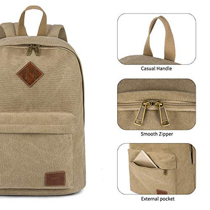 Canvas College Laptop Backpack, Durable Rucksack, Travel Bag Fits 15.6 Inch Notebook for Men Women, Khaki - color: Khaki