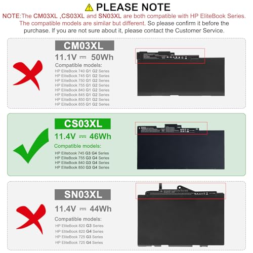 Fancy Buying CS03XL Battery for HP Elitebook 745 755 840 848 850 G3 Laptop, P/N: HSTNN-UB6S HSTNN-IB6Y 800231-1C1 800231-141 800513-001 - size: 7.79*4.05*0.27inch CS03XL