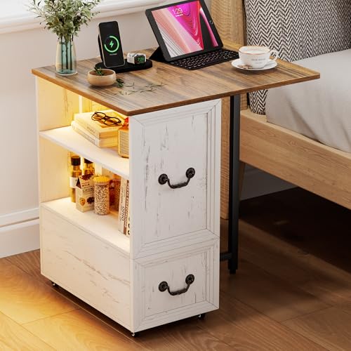 Lareth Rolling Side Table with Wheels, Led Lights & Charging Station | Foldable Desktop Narrow End Table, 1 Drawer, 2 Bookshleves, 27.56"H Tall Nightstan, Small Space, Living Room, Antique White - color: B Antique White
