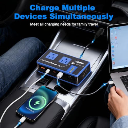 200W Car Power Inverter, Amcelooy Dual DC 12V to 110V AC Car Outlet Adapter to Wall Plug, Fast Charging 24W USB-C & USB Ports, Portable Charger Converter with for Laptops, Phones(Blue) - color: Blue