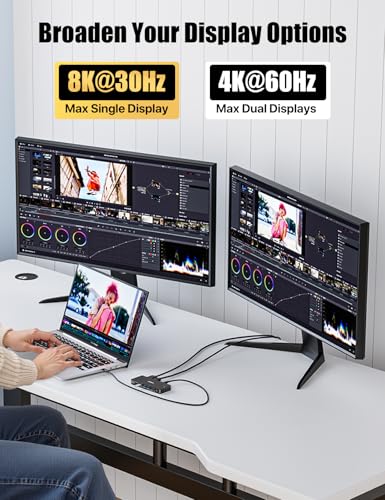 USB C Docking Station Dual Monitor, 12 in 1 Laptop Docking Station | Single 8K or Dual 4K Displays, 1 HDMI, 1 DP, 100W PD, 3x10Gbps USB-A/C Data, 5Gbps USB-A Data, Ethernet, Audio, SD/Micro SD